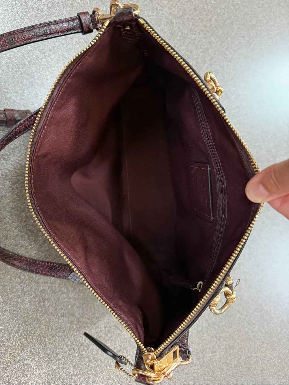 Coach Kacey Satchel with Snake Trim in cranberry/oxblood colorway handbag purse